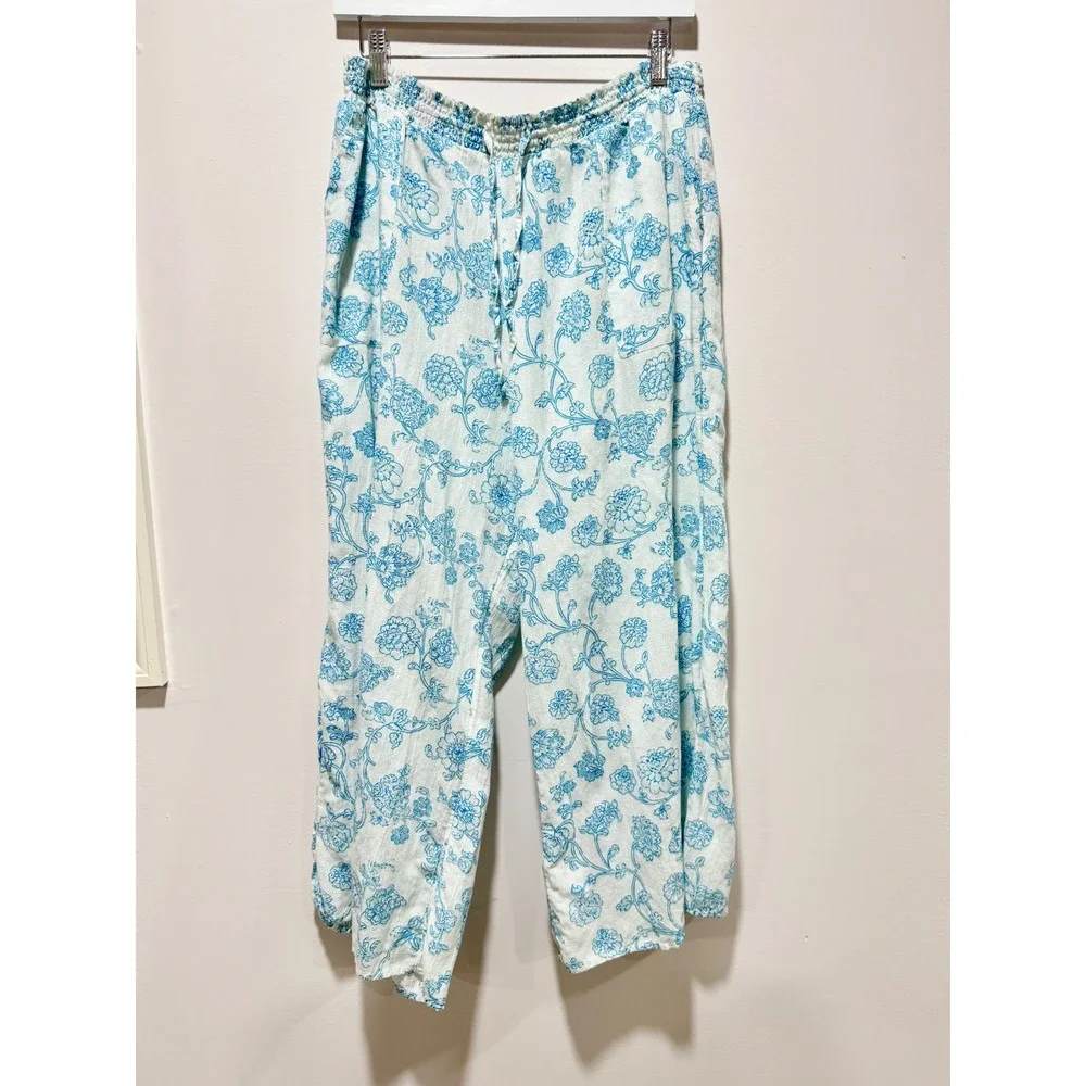 Love by Gap Blue Floral Toile Pajama Pants Cotton Modal Linen Lounge Sleepwear L